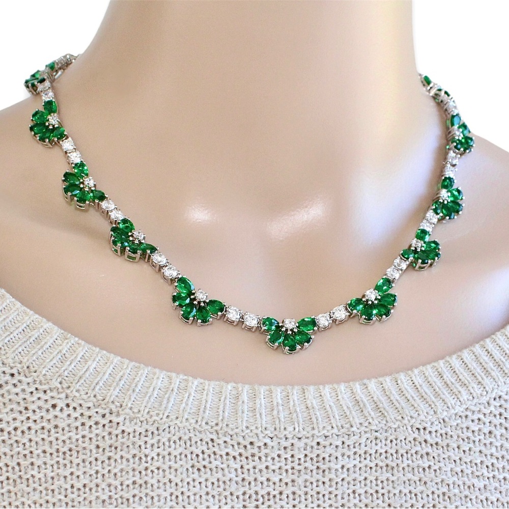 Ross-Simons Simulated Emerald and White Cubic Zirconia Sterling Silver Necklace